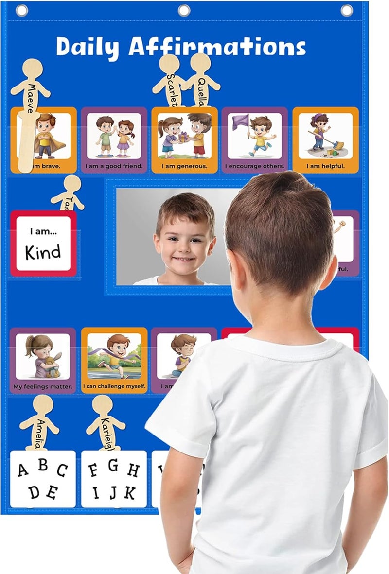 ALSLEA Daily Affirmations for Kids Pocket Chart with Mirror Large Pocket Chart for Classroom, Mindfulness Affirmation Mirror for Toddler with 47 Cards Calm Down Corner Supplies (Blue) - Image 1